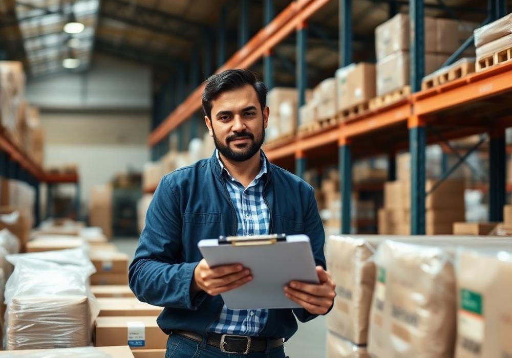 Sourcing expert inspecting bulk goods in an Indian warehouse