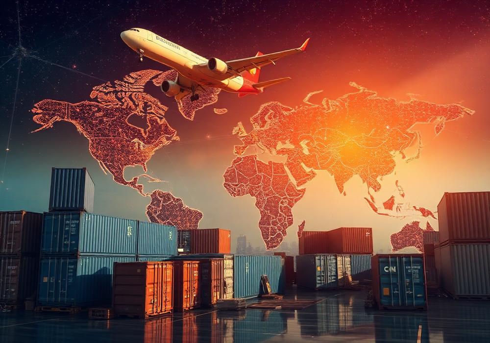 Global shipping containers and cargo plane representing worldwide delivery
